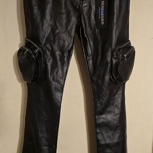 Serenede Black Faux Leather Cargo Pants